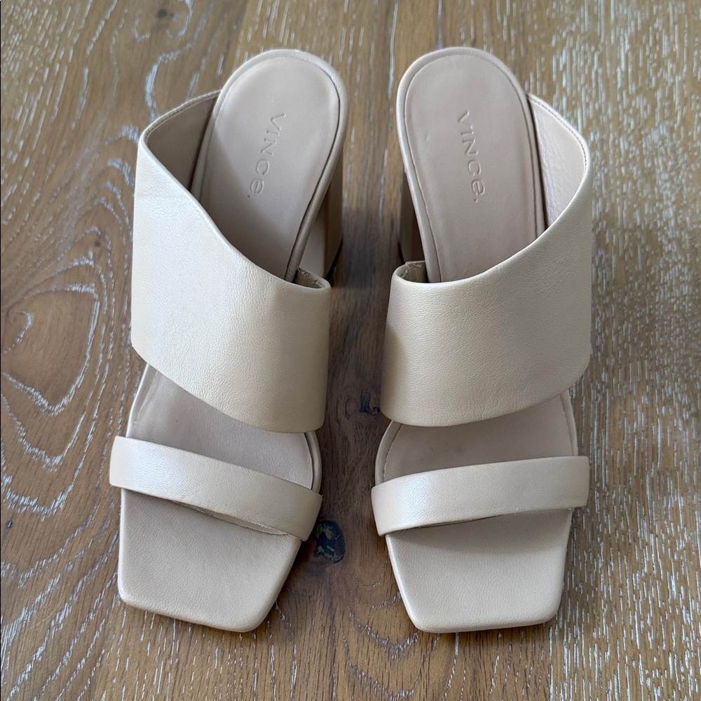Vince Beige Leather Double-Strap Slide Mules 7M
